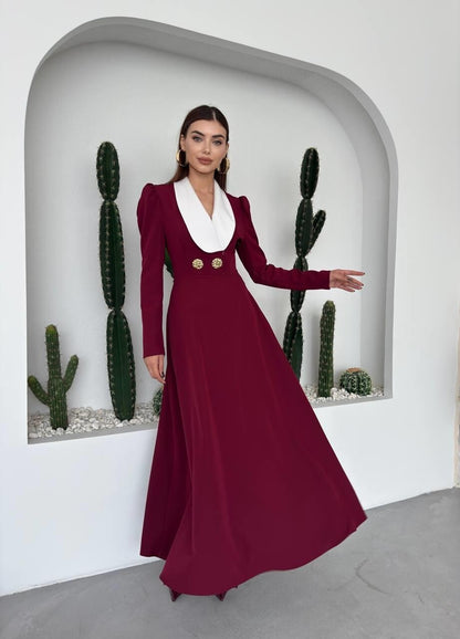Shawl Collar Midi Dress with Gold Buttons - Burgundy