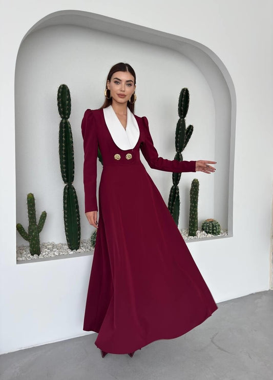 Shawl Collar Midi Dress with Gold Buttons - Burgundy