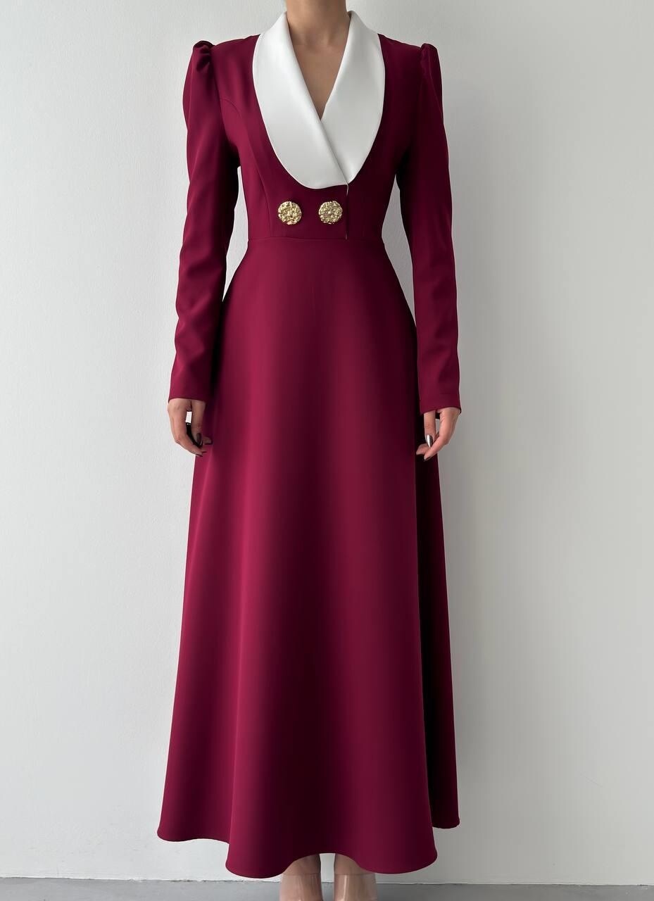 Shawl Collar Midi Dress with Gold Buttons - Burgundy