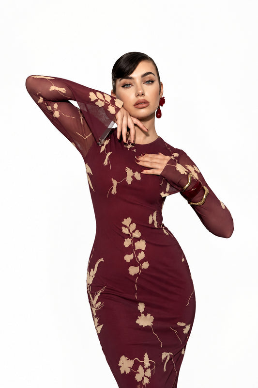 Botanical Tulle Dress - Burgundy