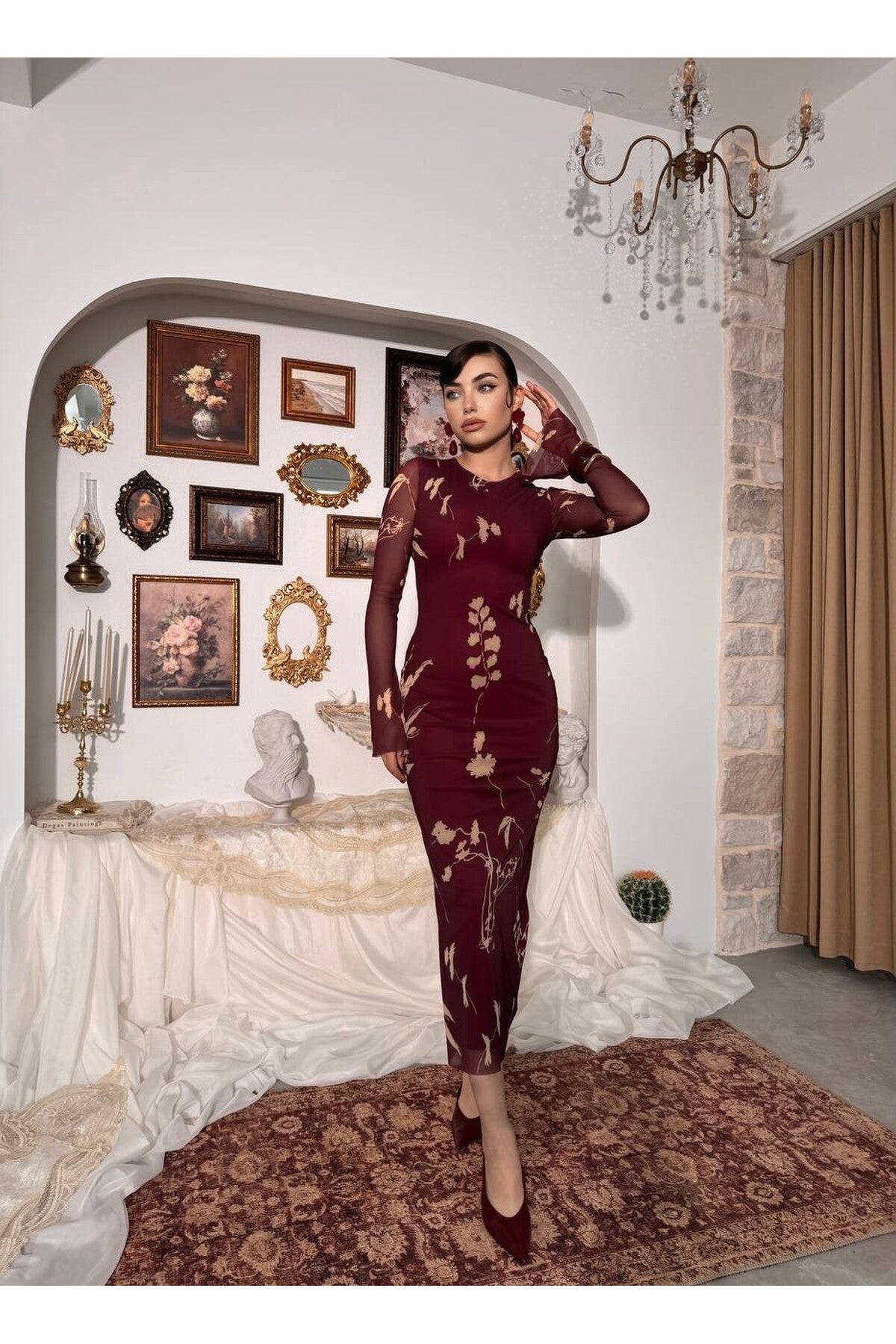 Botanical Tulle Dress - Burgundy