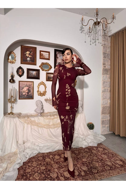 Botanical Tulle Dress - Burgundy