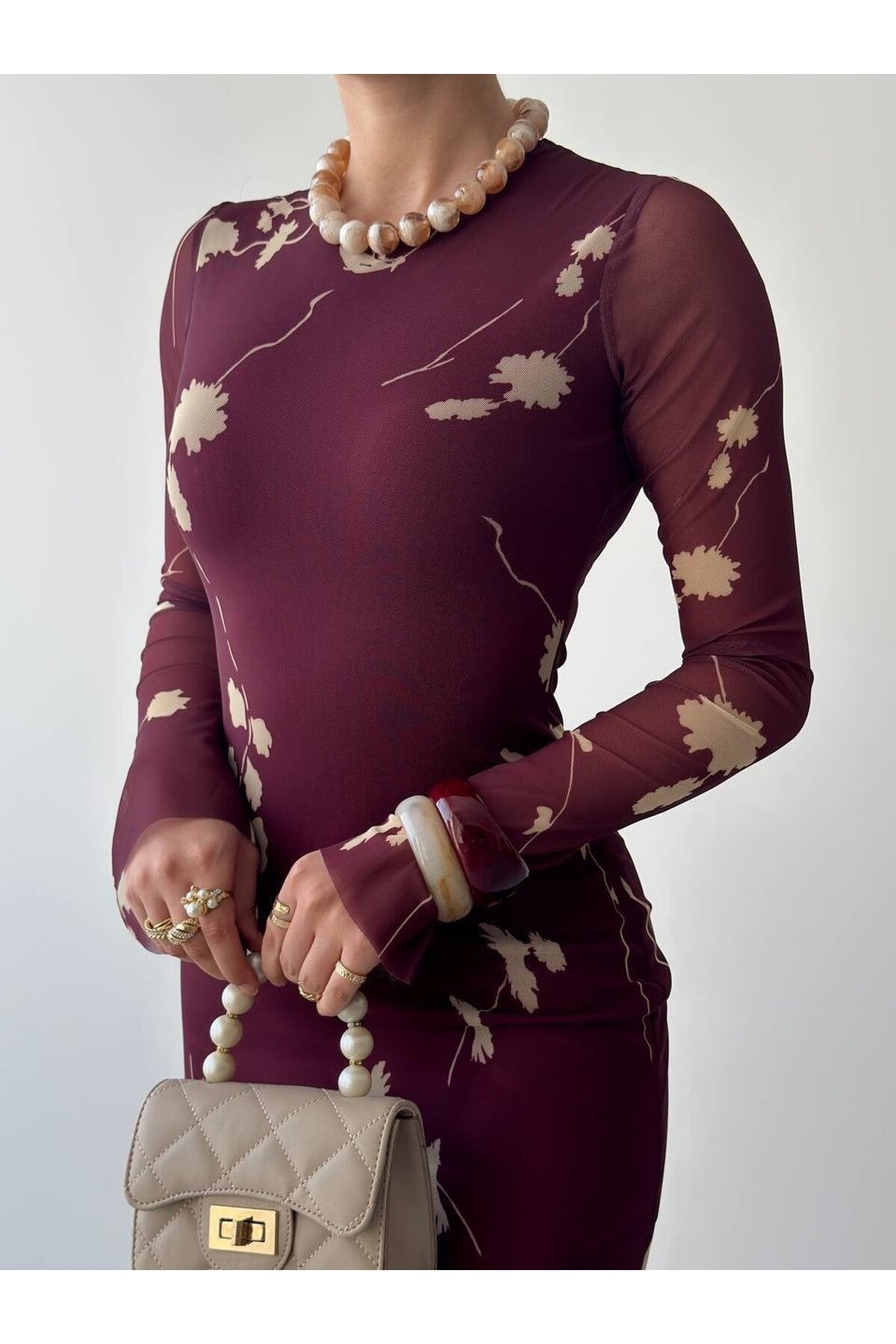 Botanical Tulle Dress - Burgundy
