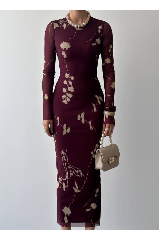 Botanical Tulle Dress - Burgundy