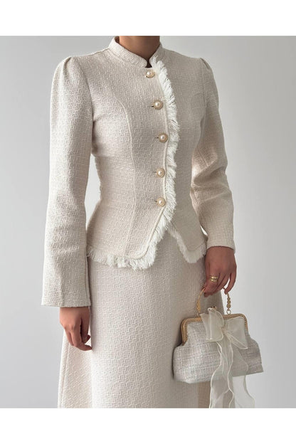 Fringed Tweed Skirt Set