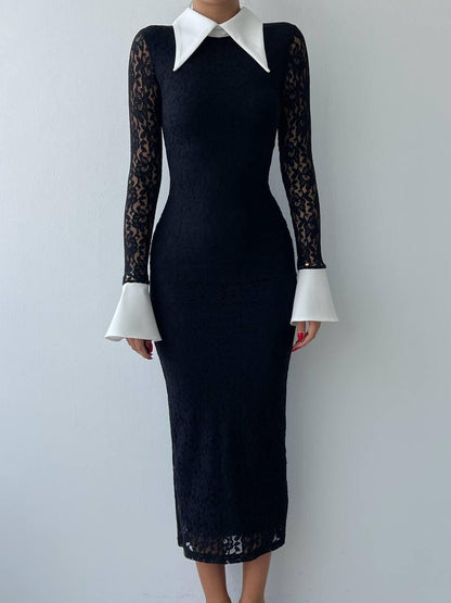 Lace Midi Dress with White Collar