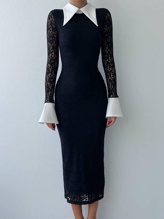 Lace Midi Dress with White Collar