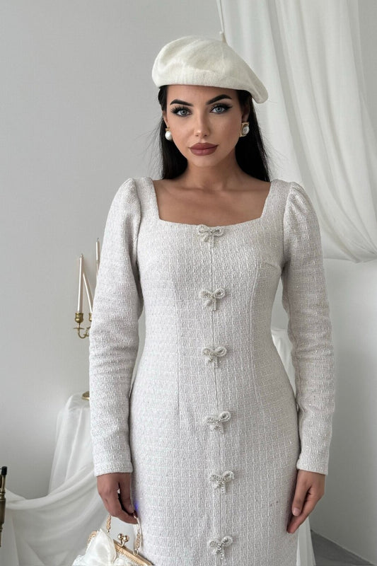 Tweed Maxi Dress with Pearl Bows