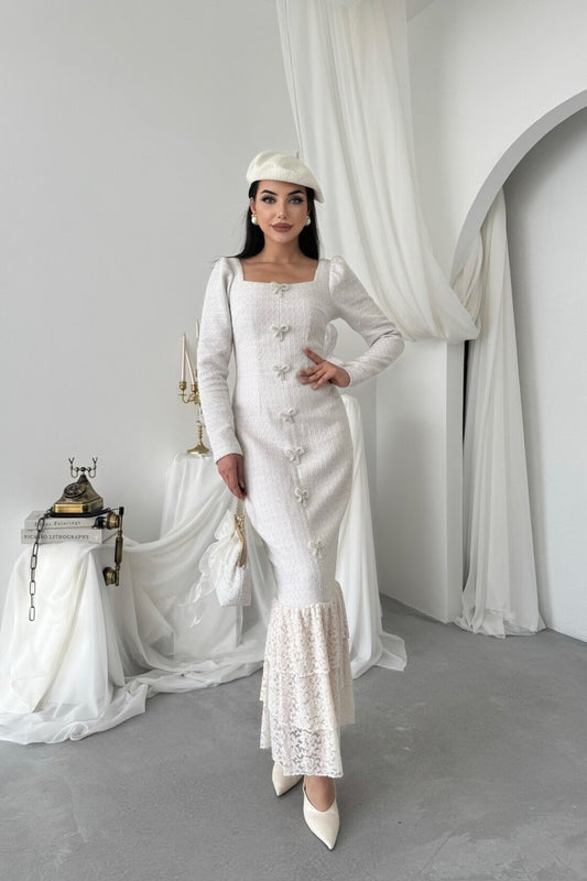 Tweed Maxi Dress with Pearl Bows
