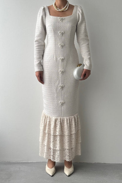Tweed Maxi Dress with Pearl Bows