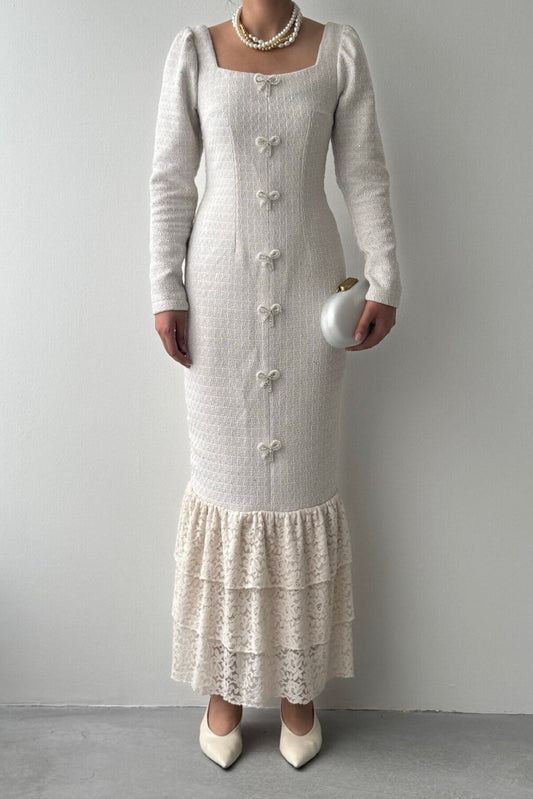 Tweed Maxi Dress with Pearl Bows