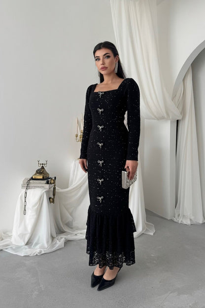Tweed Maxi Dress with Pearl Bows