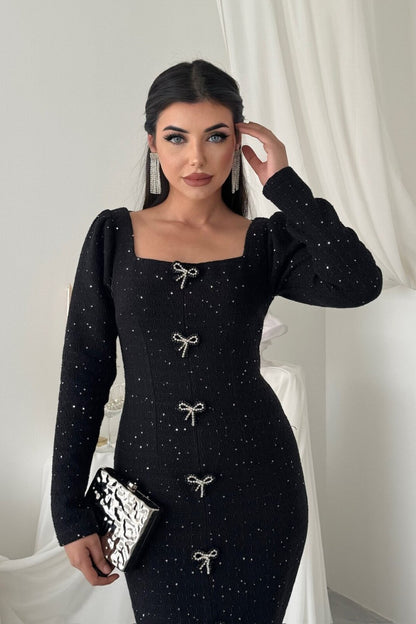 Tweed Maxi Dress with Pearl Bows