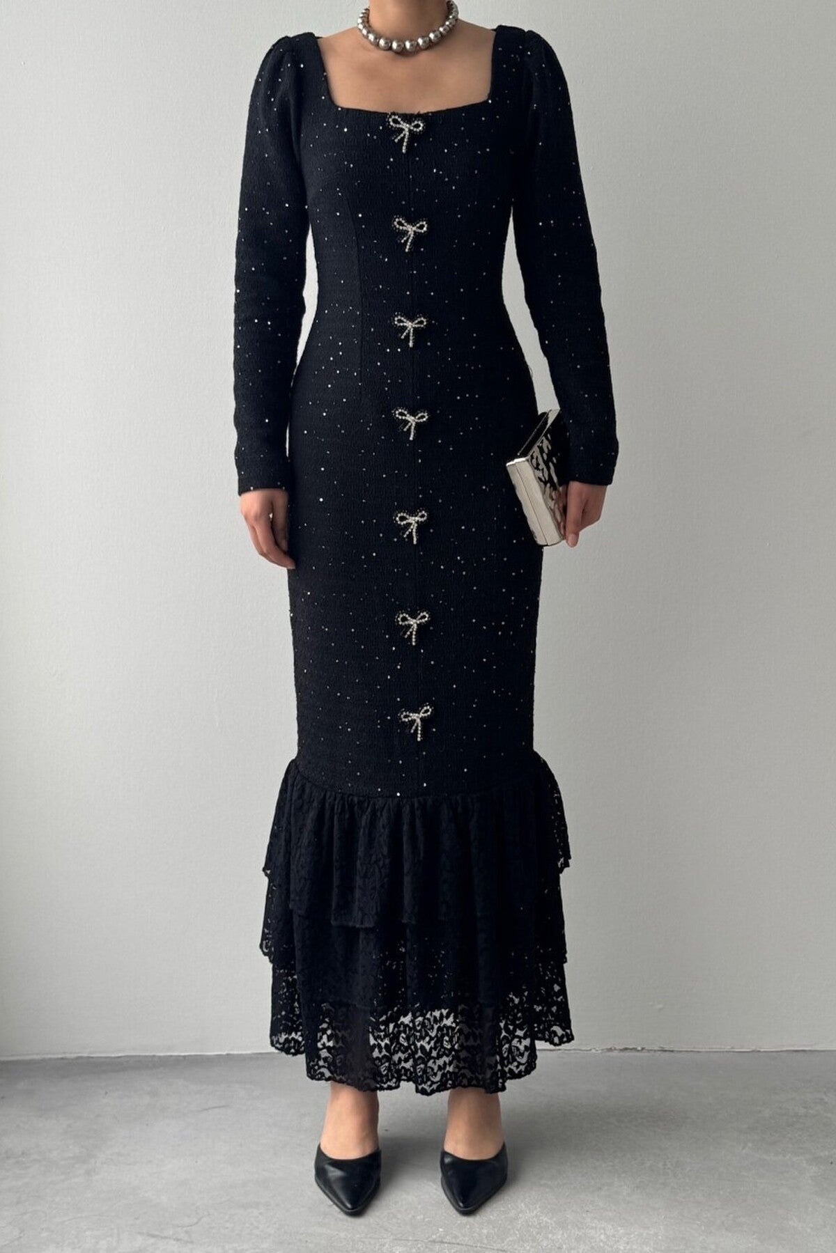 Tweed Maxi Dress with Pearl Bows