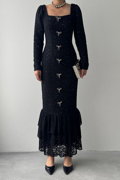 Tweed Maxi Dress with Pearl Bows