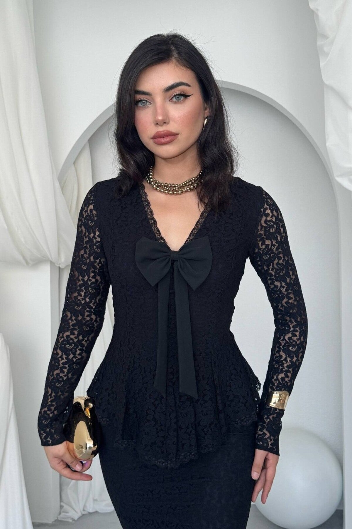 Lace Peplum Dress with Bow Detail