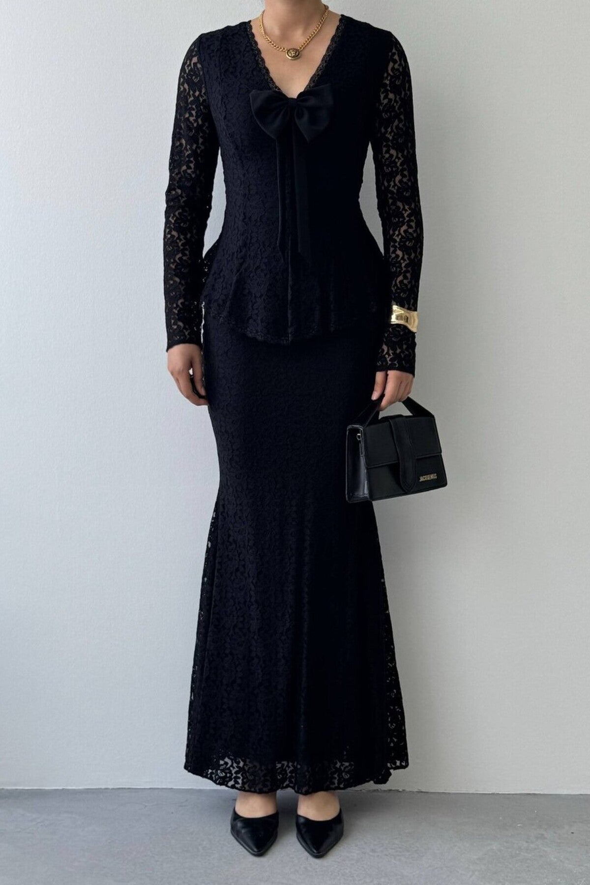 Lace Peplum Dress with Bow Detail