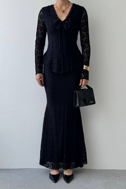 Lace Peplum Dress with Bow Detail