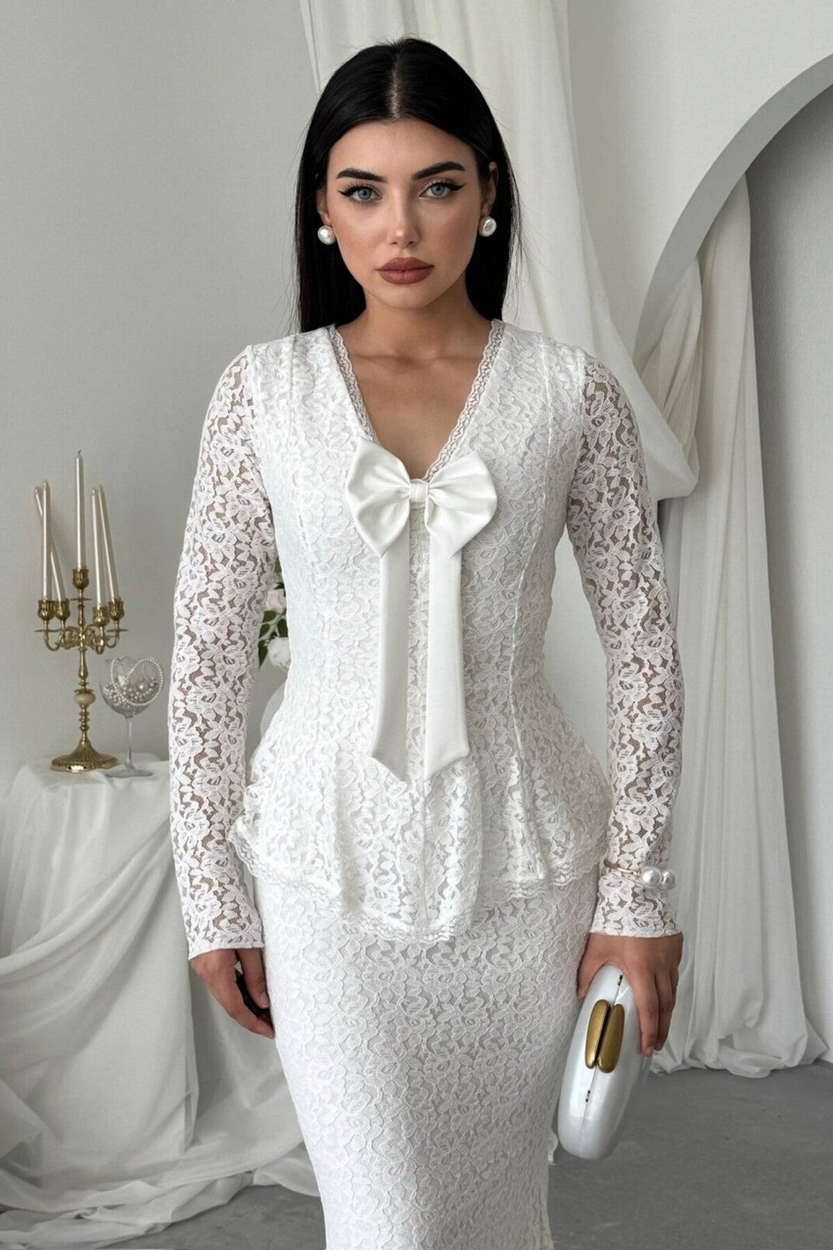 Lace Peplum Dress with Bow Detail