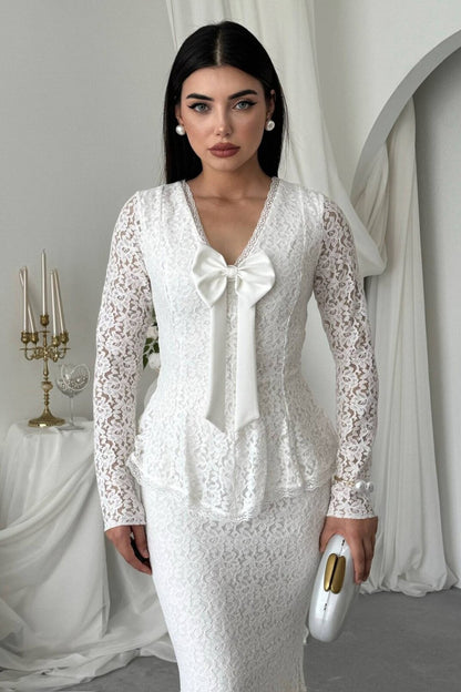 Lace Peplum Dress with Bow Detail