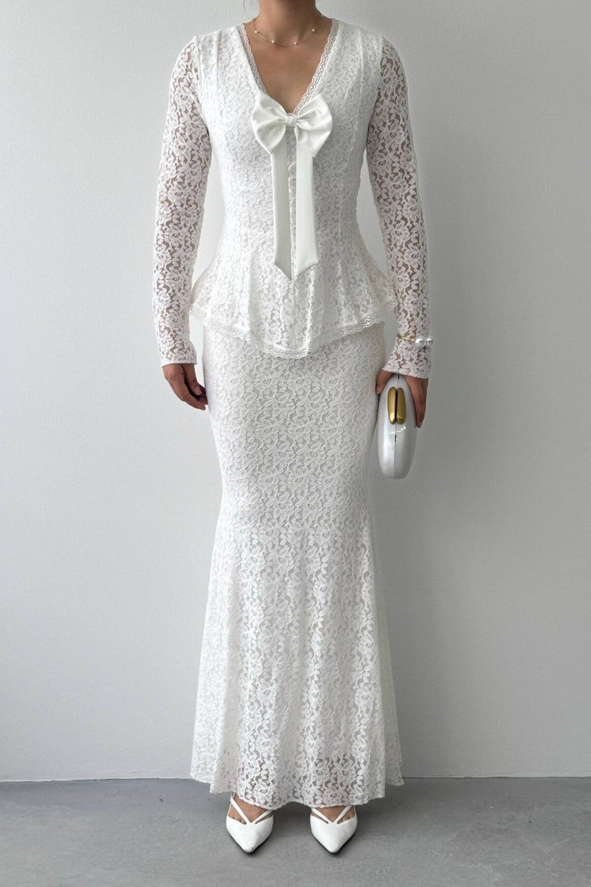 Lace Peplum Dress with Bow Detail