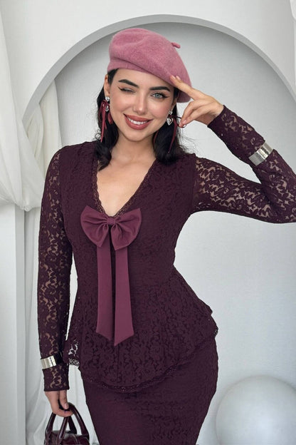 Lace Peplum Dress with Bow Detail