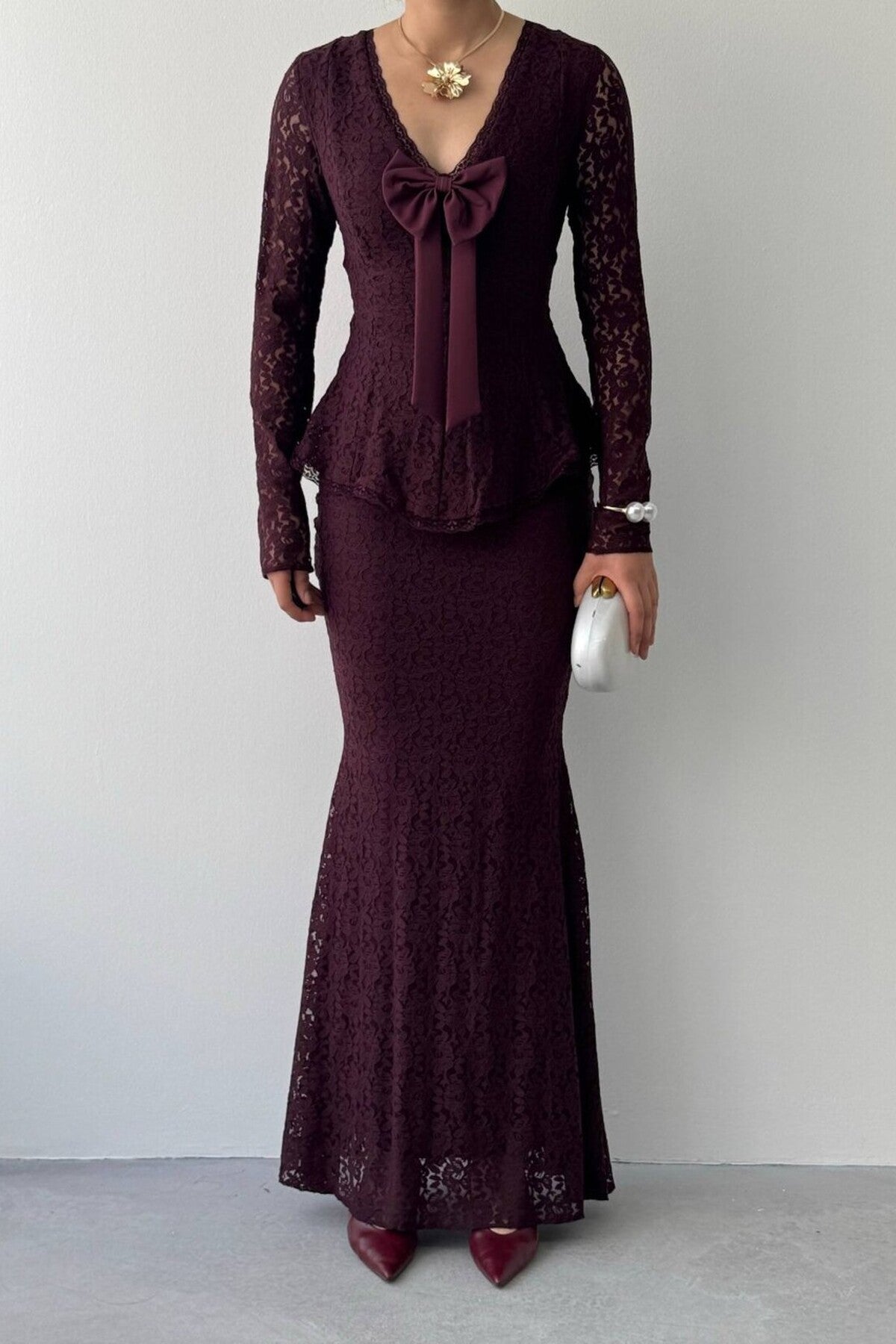 Lace Peplum Dress with Bow Detail