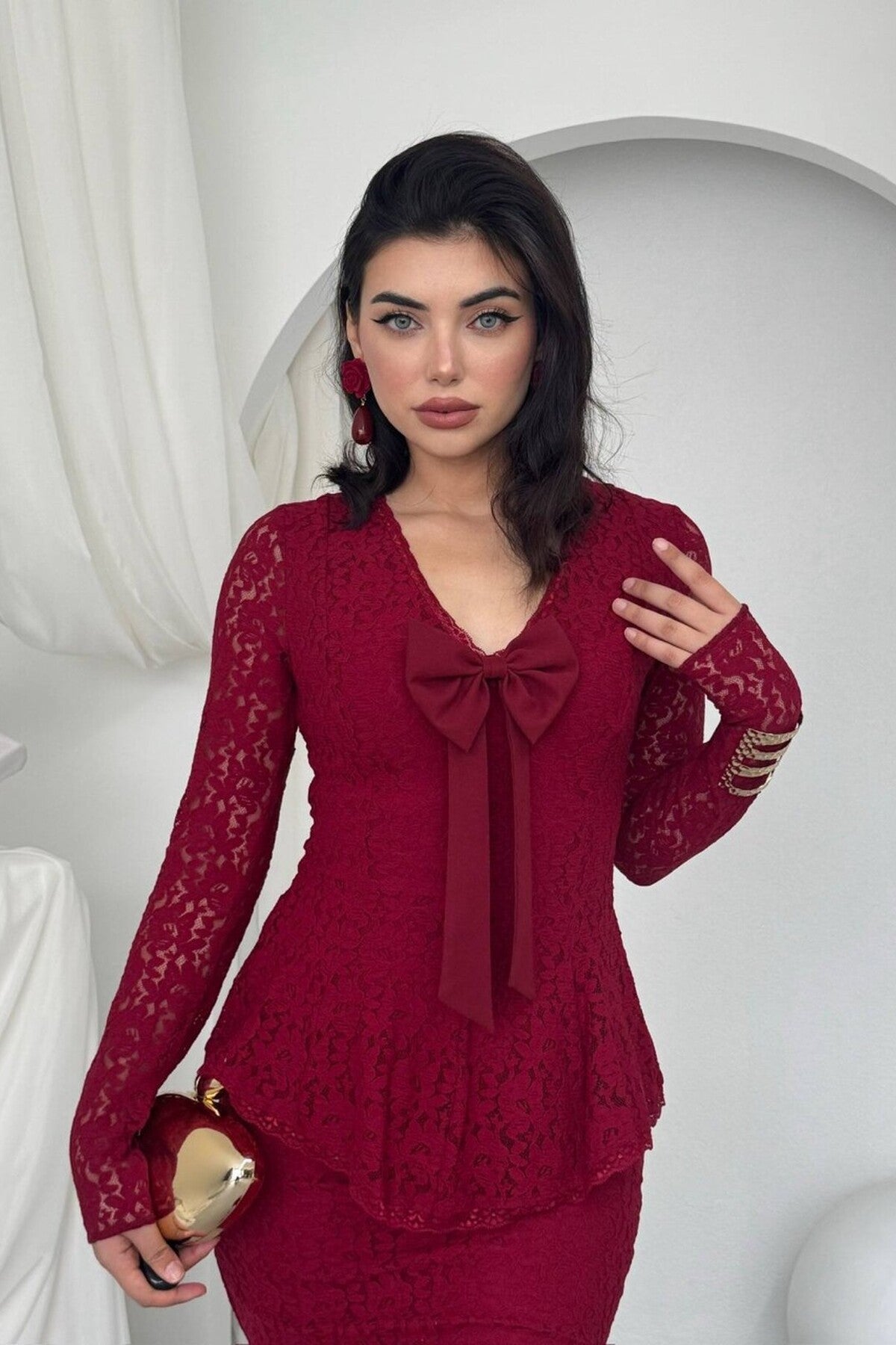 Lace Peplum Dress with Bow Detail