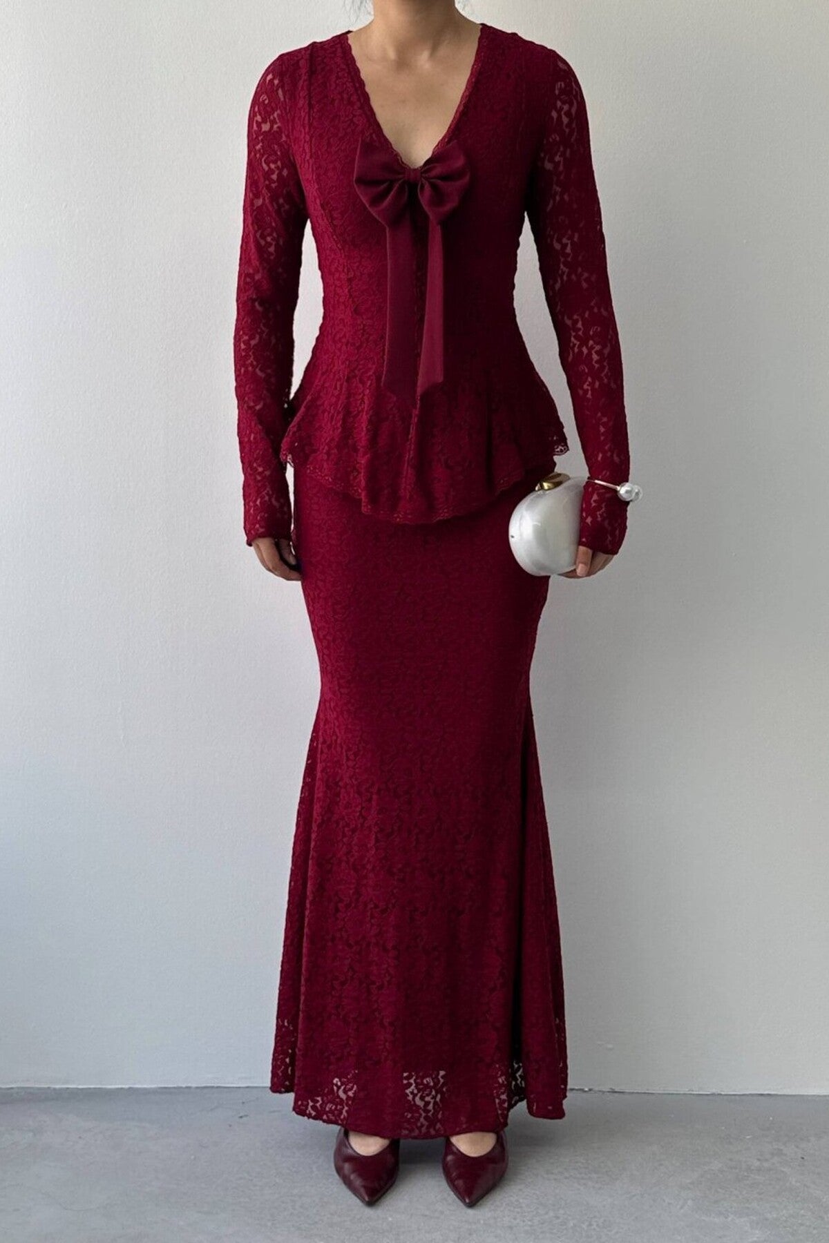 Lace Peplum Dress with Bow Detail