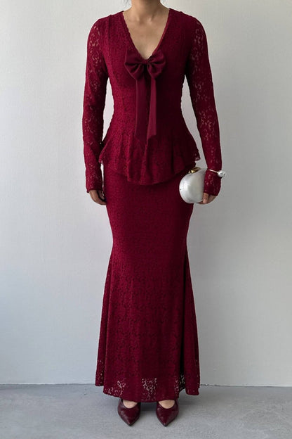 Lace Peplum Dress with Bow Detail