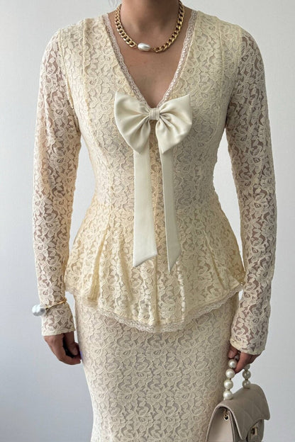 Lace Peplum Dress with Bow Detail