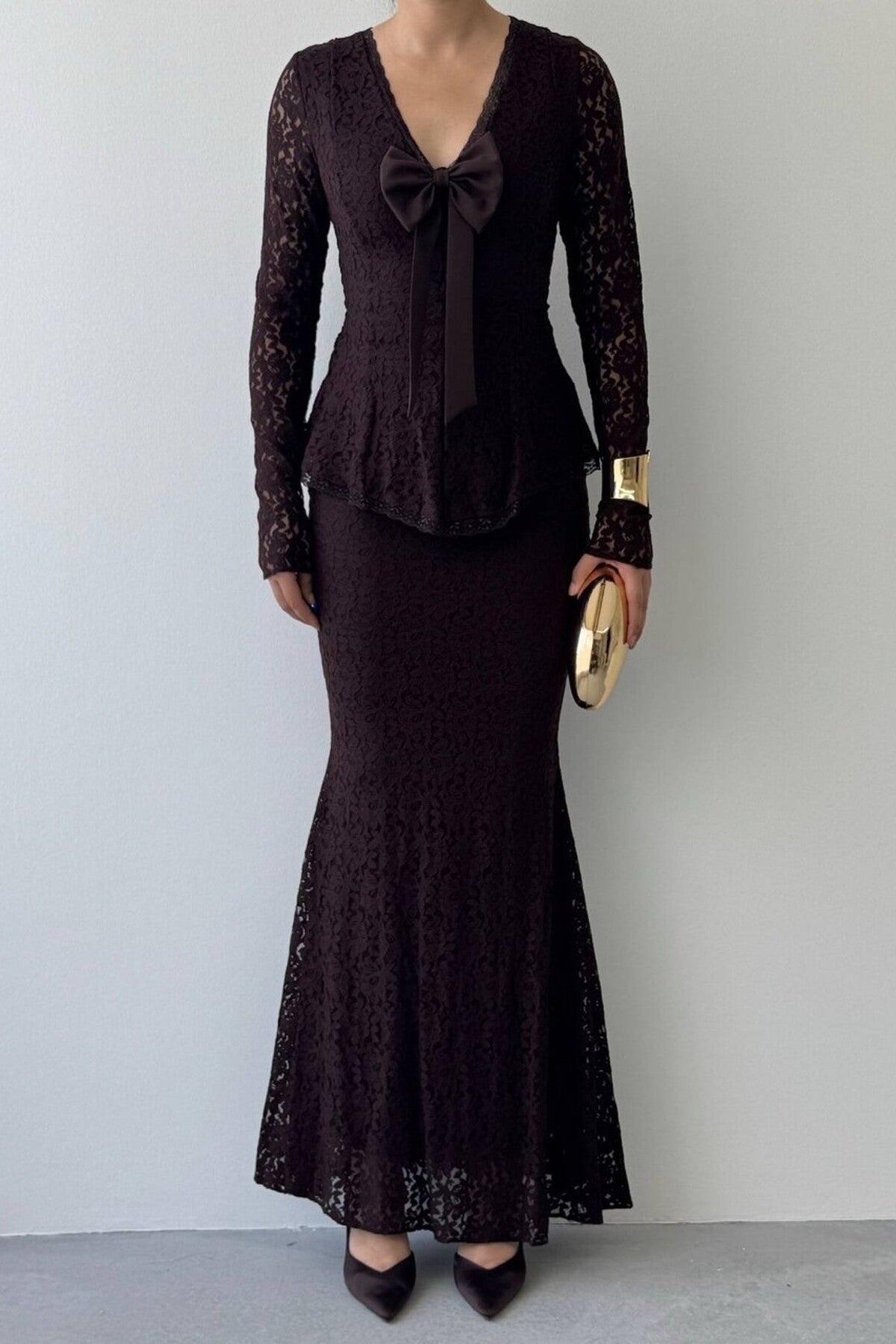 Lace Peplum Dress with Bow Detail