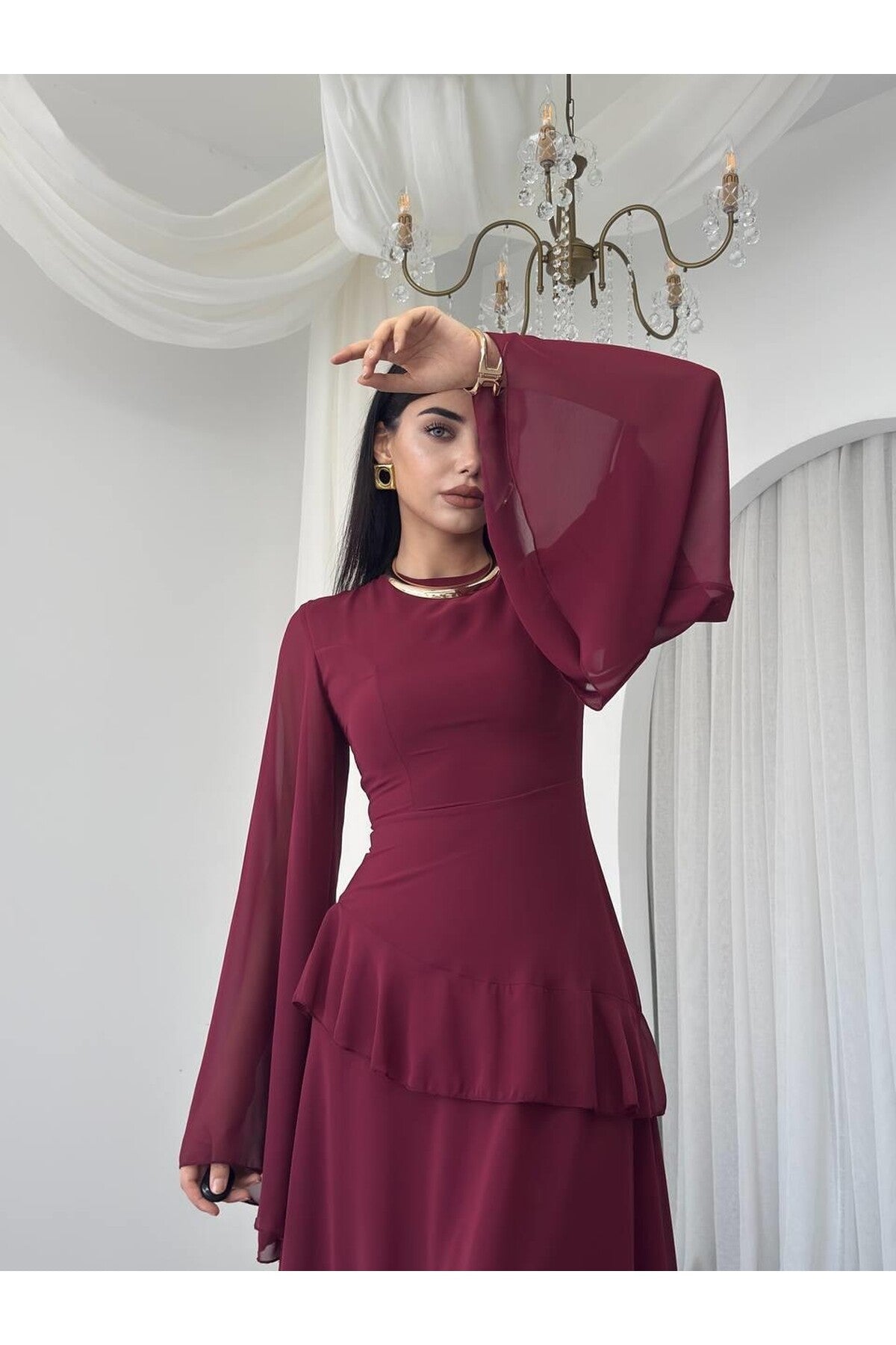 Cape Sleeve Chiffon Dress