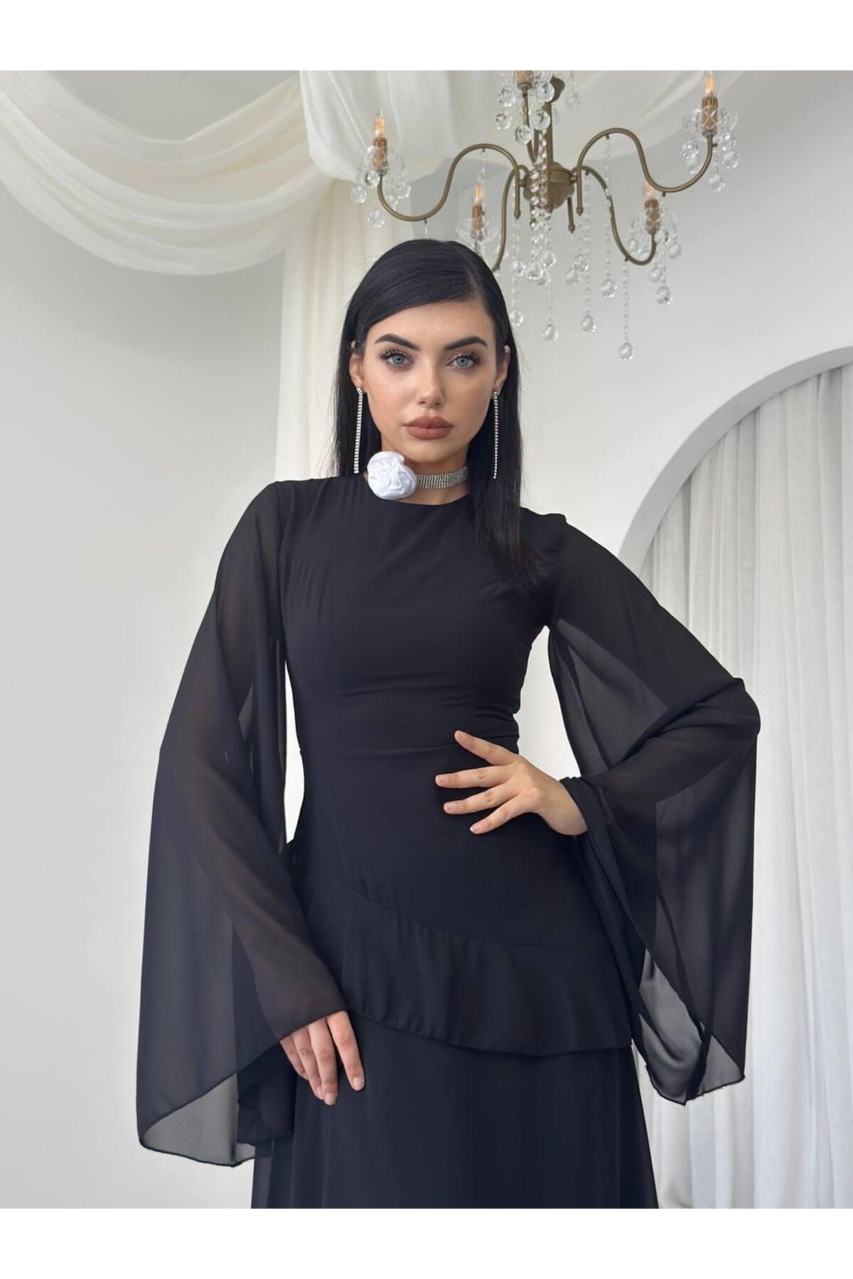 Cape Sleeve Chiffon Dress
