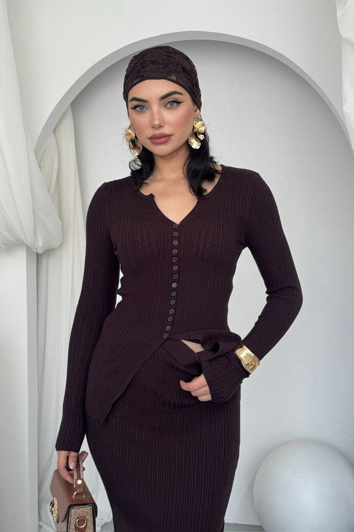 Ribbed Knit Cardigan & Skirt Set