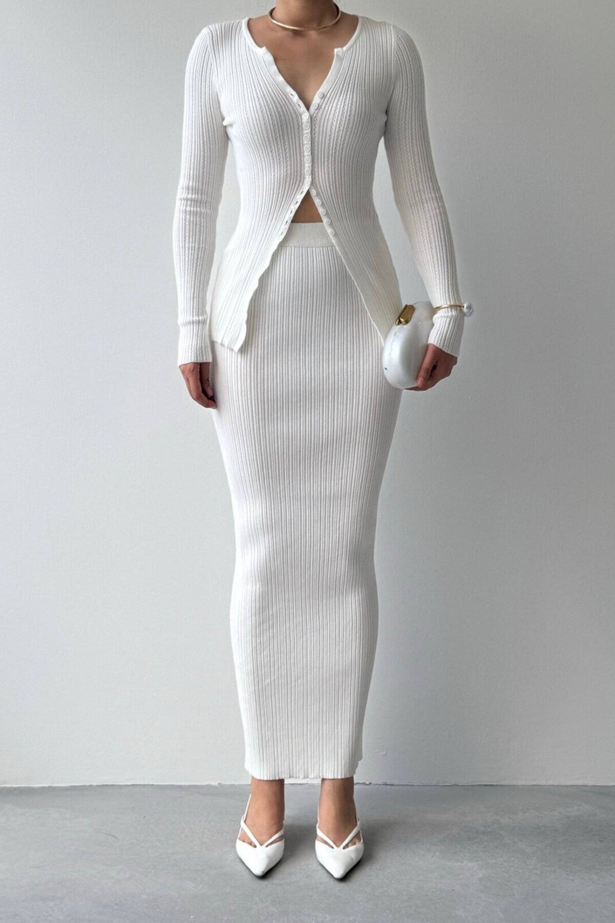 Ribbed Knit Cardigan & Skirt Set