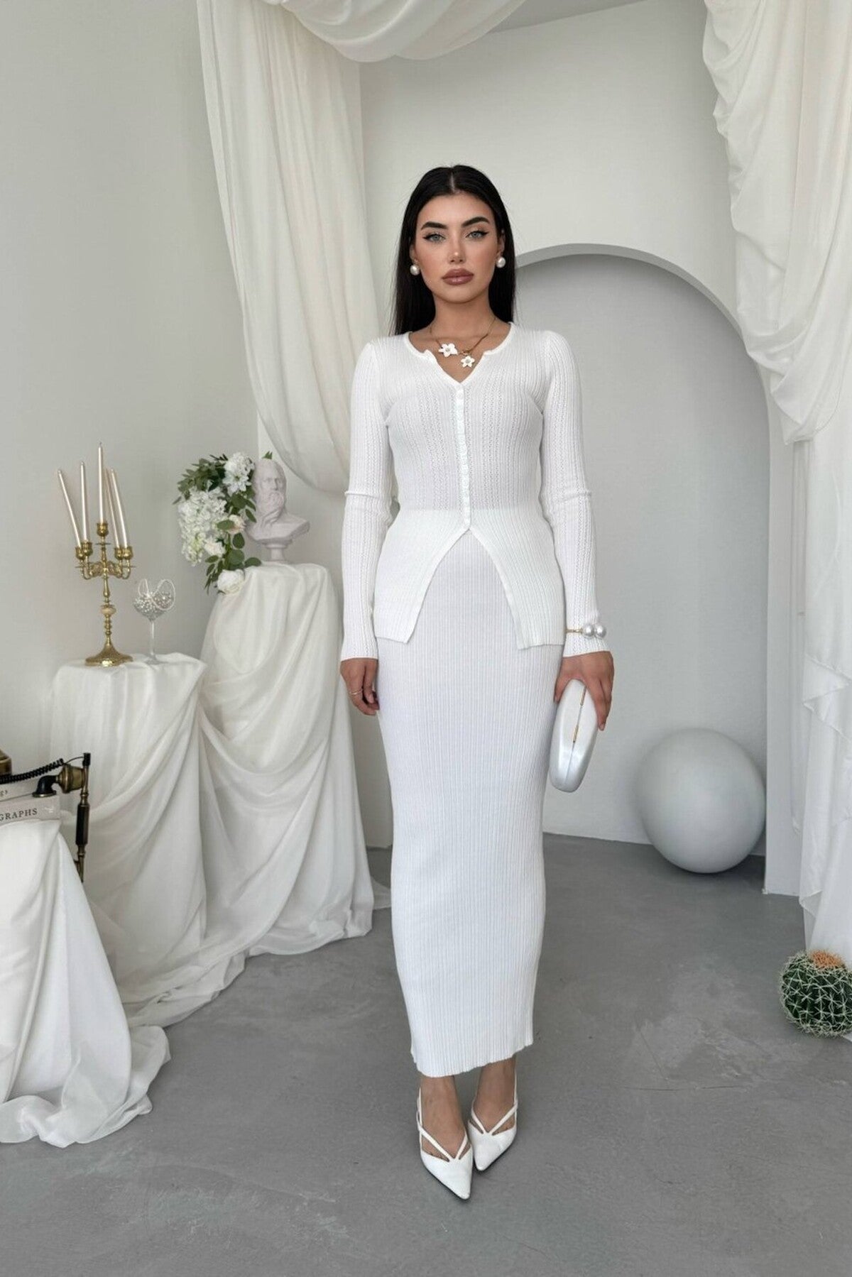 Ribbed Knit Cardigan & Skirt Set