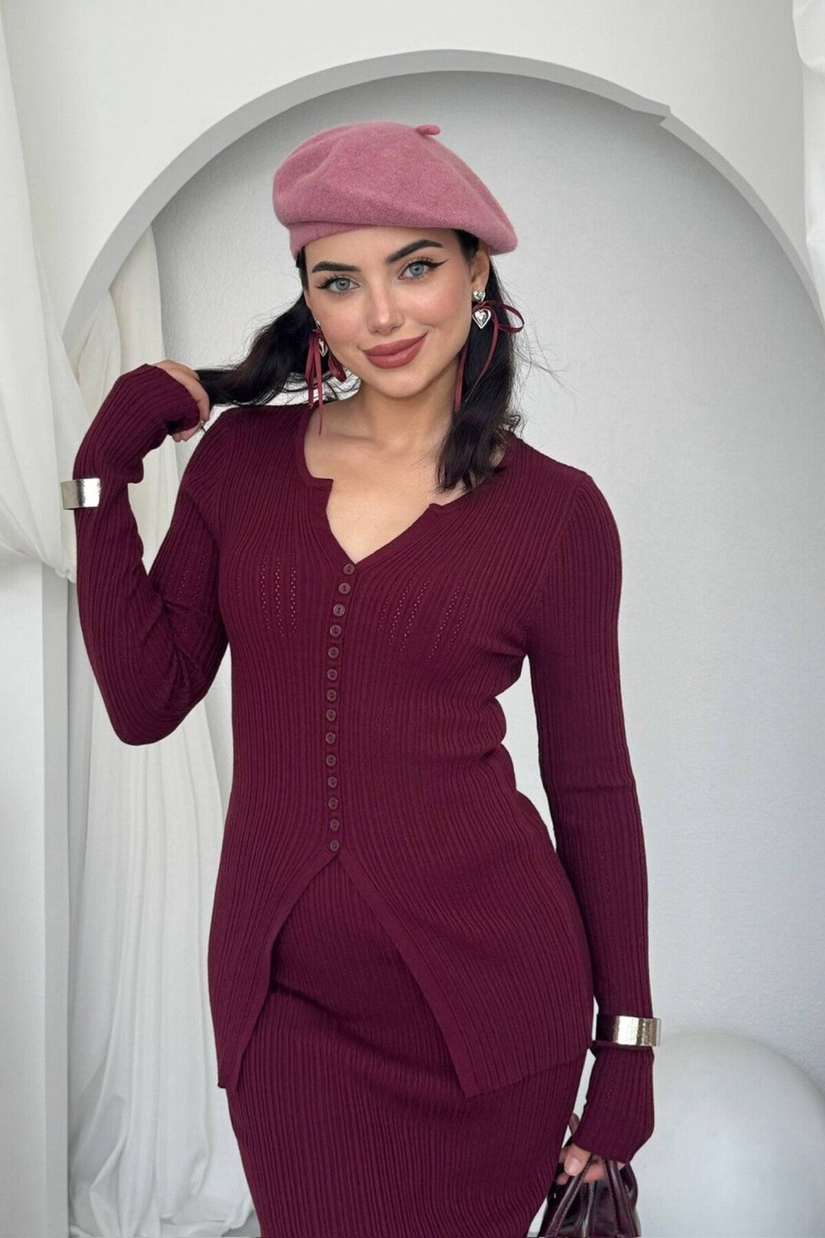 Ribbed Knit Cardigan & Skirt Set
