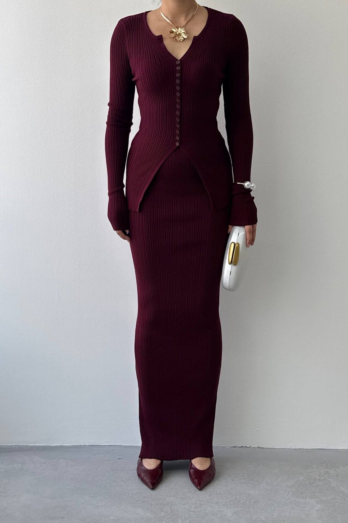 Ribbed Knit Cardigan & Skirt Set