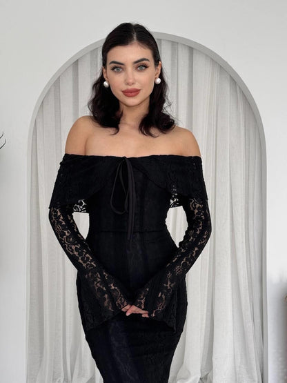 Elegant Broderie Off-Shoulder Dress - Black