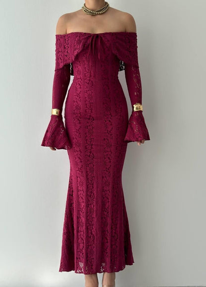 Elegant Broderie Off-Shoulder Dress - Burgundy