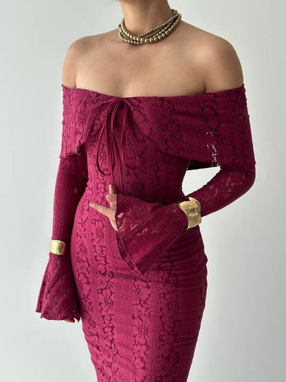 Elegant Broderie Off-Shoulder Dress - Burgundy