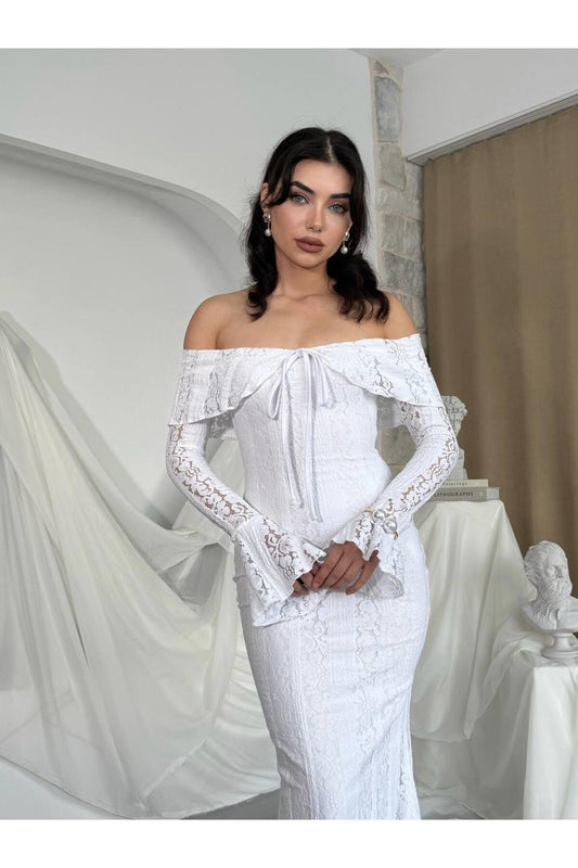 Elegant Broderie Off-Shoulder Dress - White