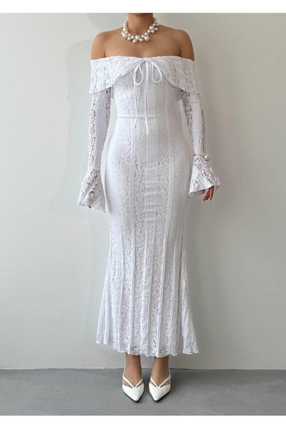 Elegant Broderie Off-Shoulder Dress - White