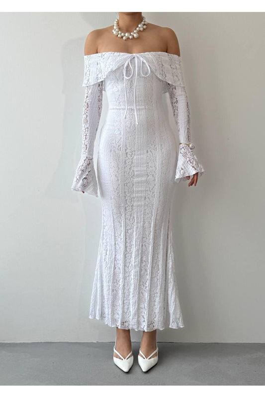 Elegant Broderie Off-Shoulder Dress - White