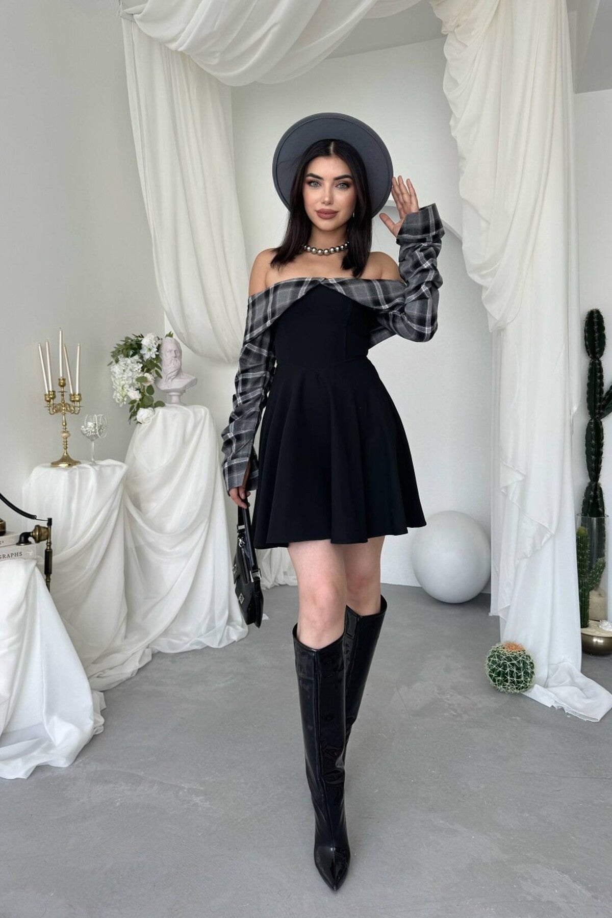 Tartan Bardot Mini Dress