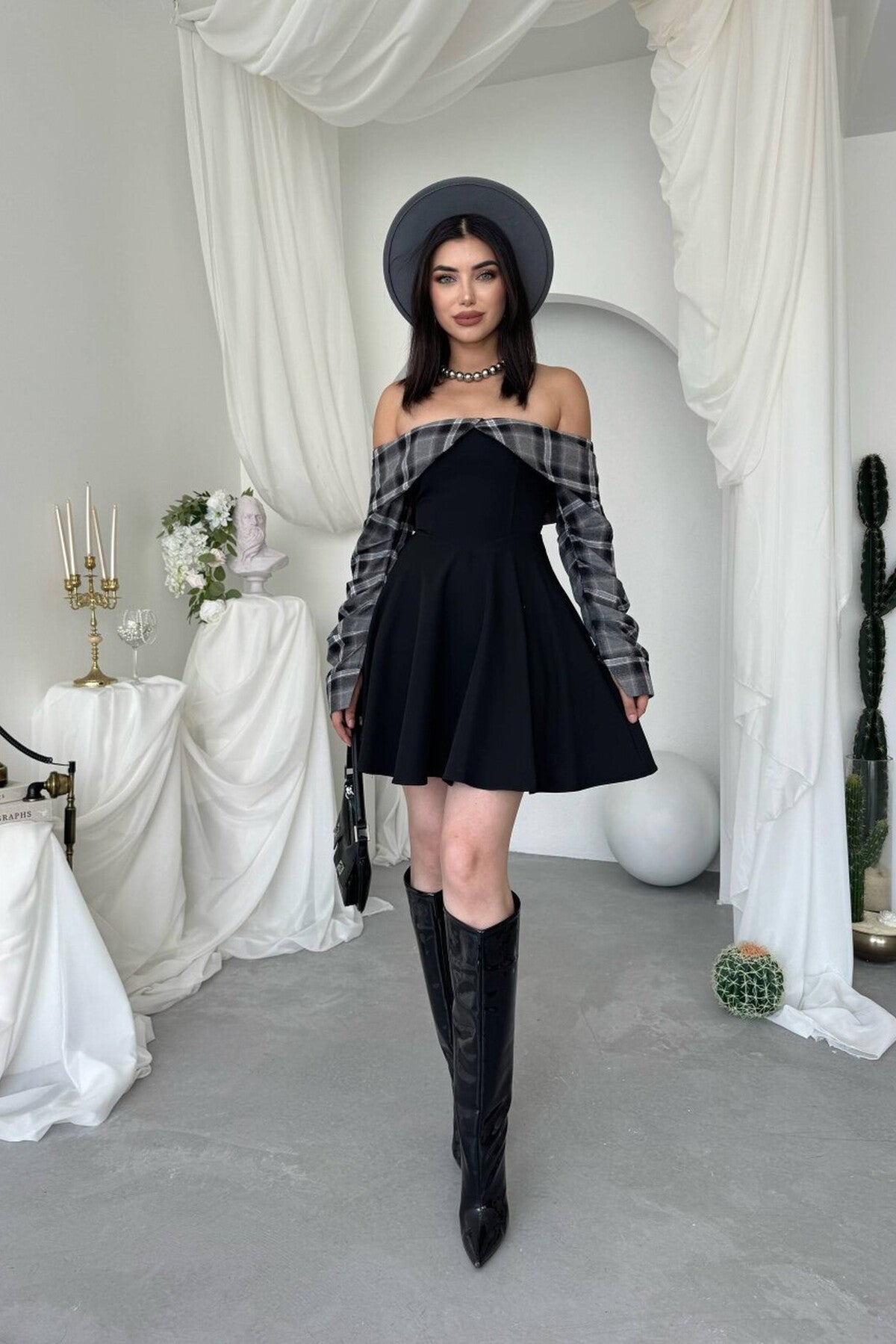Tartan Bardot Mini Dress