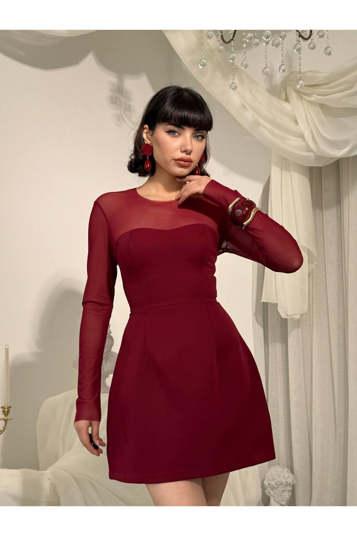 Sheer Sleeve Tulip Mini Dress
