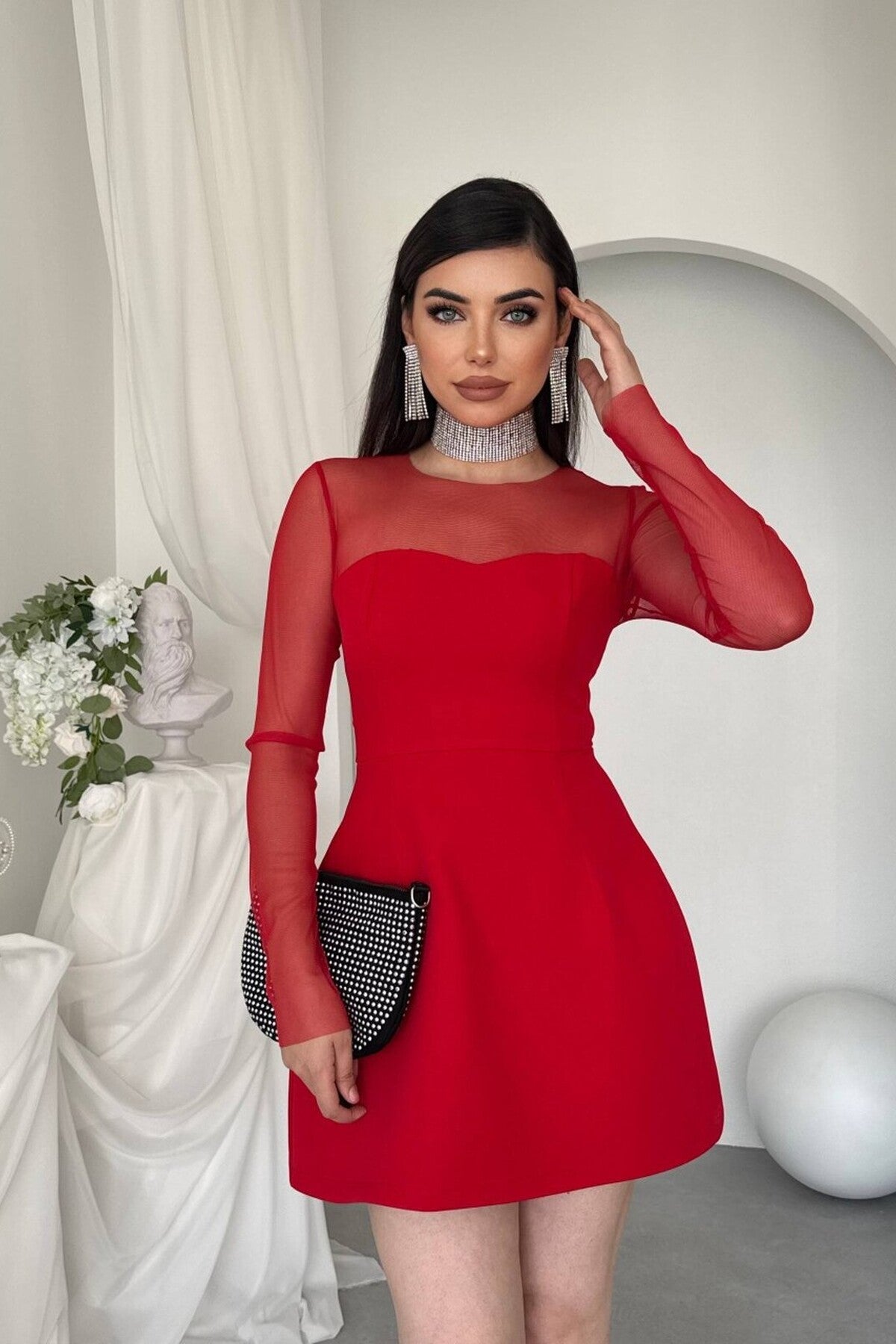 Sheer Sleeve Tulip Mini Dress