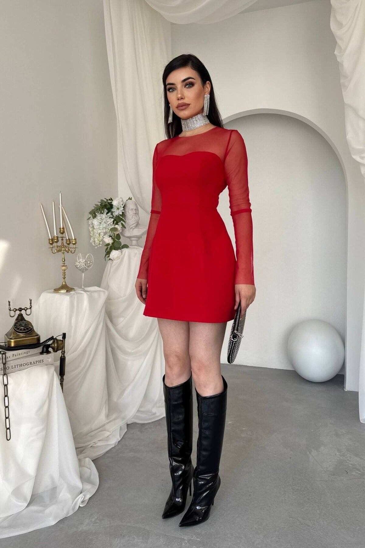 Sheer Sleeve Tulip Mini Dress